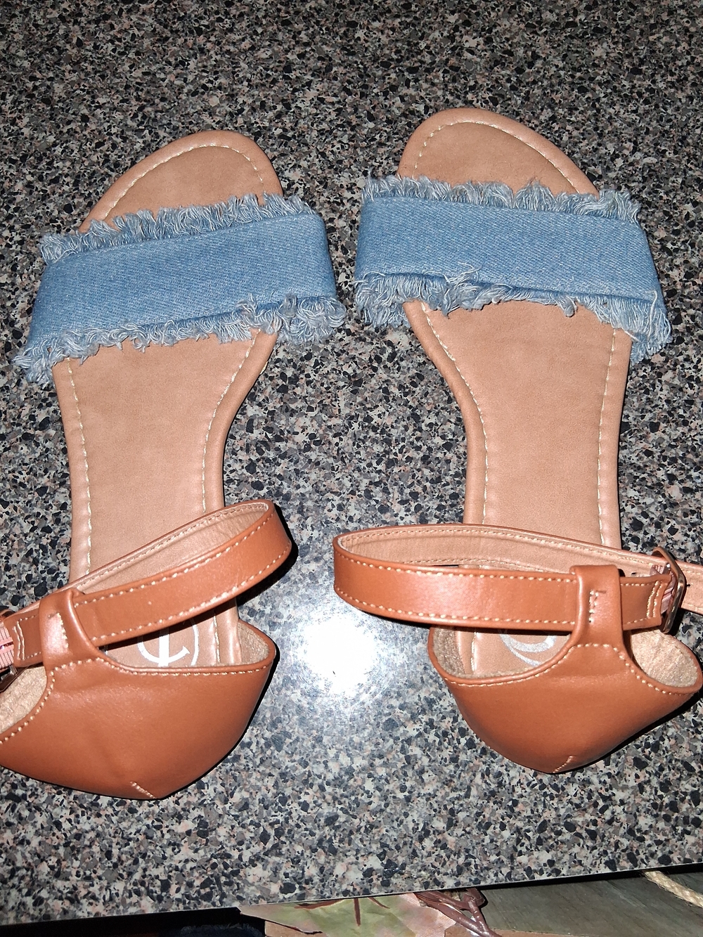 Casual Tan and Light Blue Fringed Denim Strap Women's Sandals